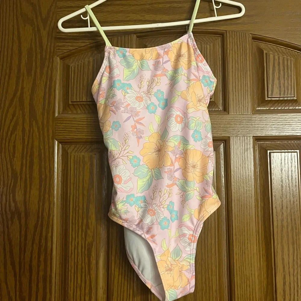 Justice Floral Girls Cute One Piece Swimsuit L 12/14 Swimwear Tie Detail at Back - Picture 10 of 11